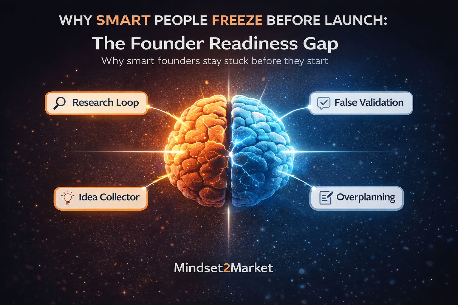 Founder readiness blog graphic showing four founder behaviour patterns: research loop, idea collecting, false validation, and overplanning.